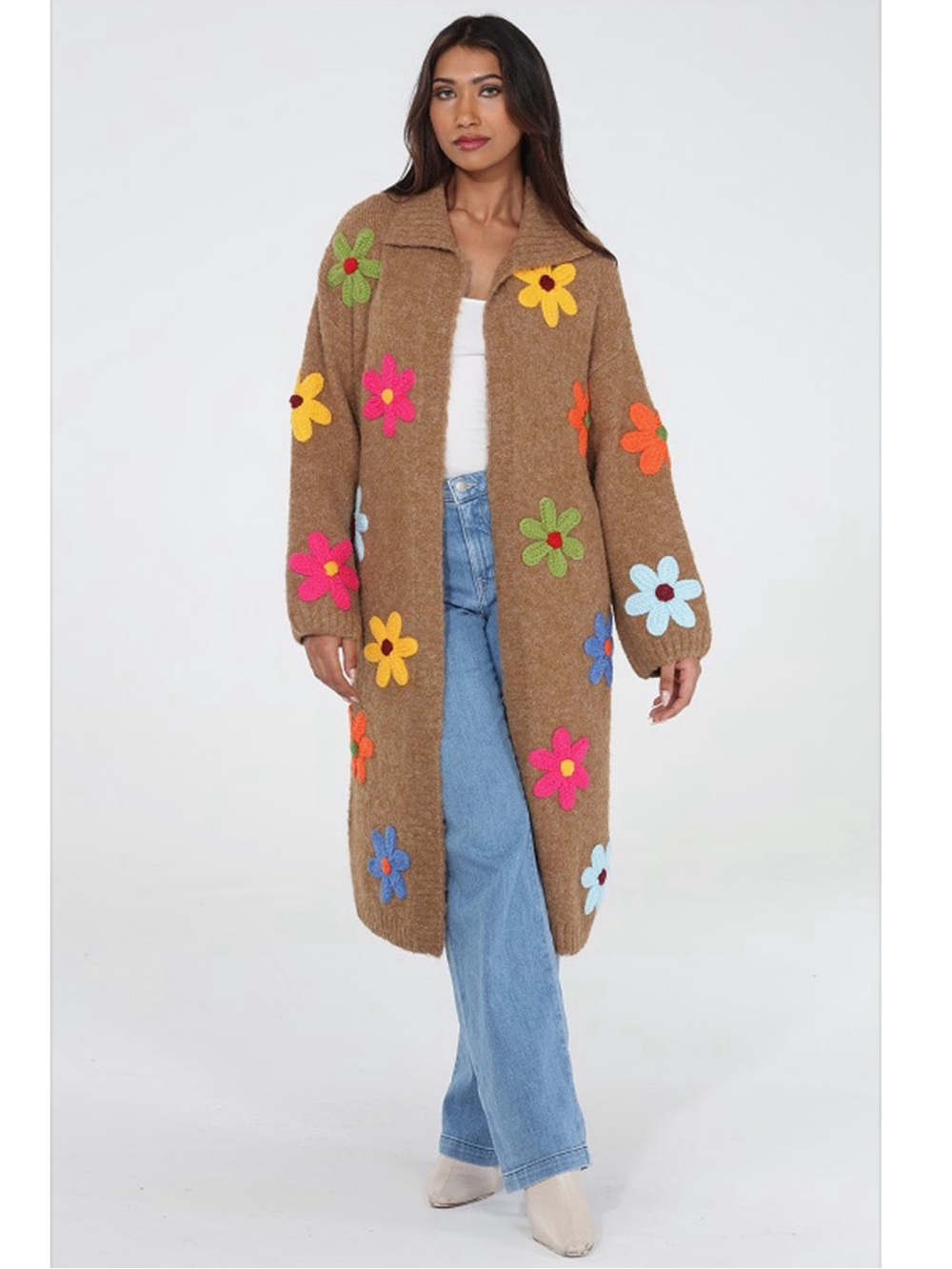 Long Floral Appliqué Knit Coatigan - Mocha